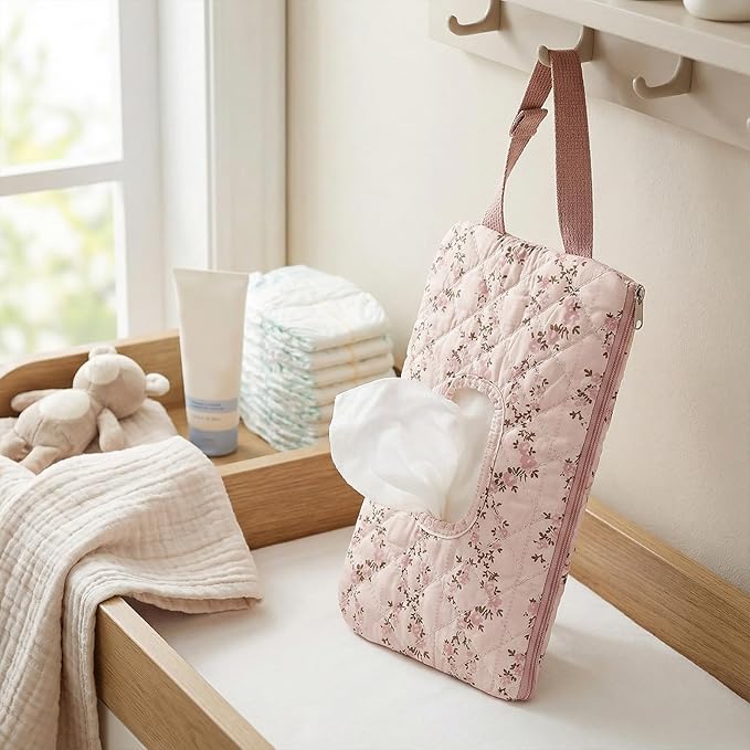 Quilted Baby Wipe Holder, Canvas Floral Quilted Pouch with Hanging Strap, Portable Diaper Wipe Holder for Travel Stroller-Long Branch Pollen