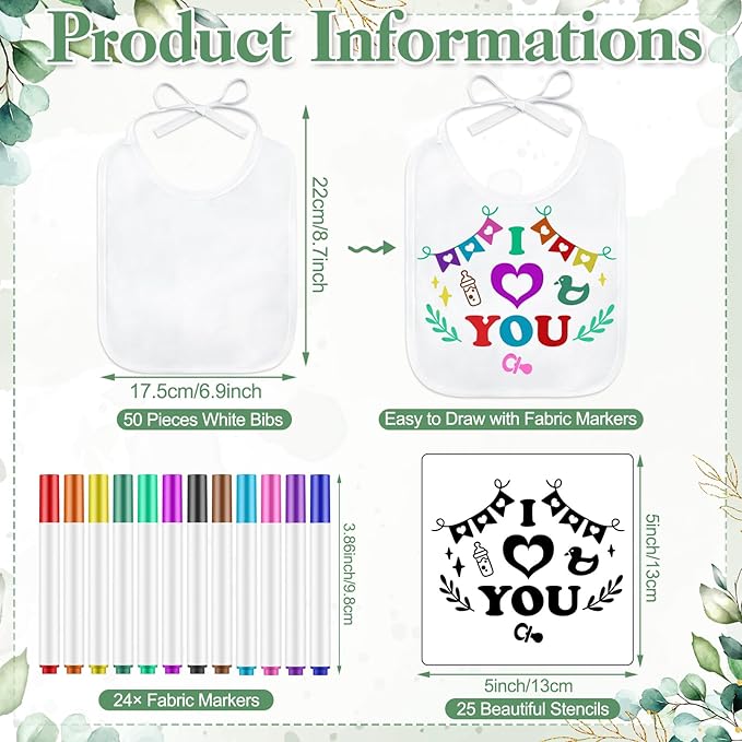Panitay 100 Pcs DIY Baby Bibs Decorating Kit 50 White Bibs 25 Stencils 24 Markers 1 Baby Shower Game Sign