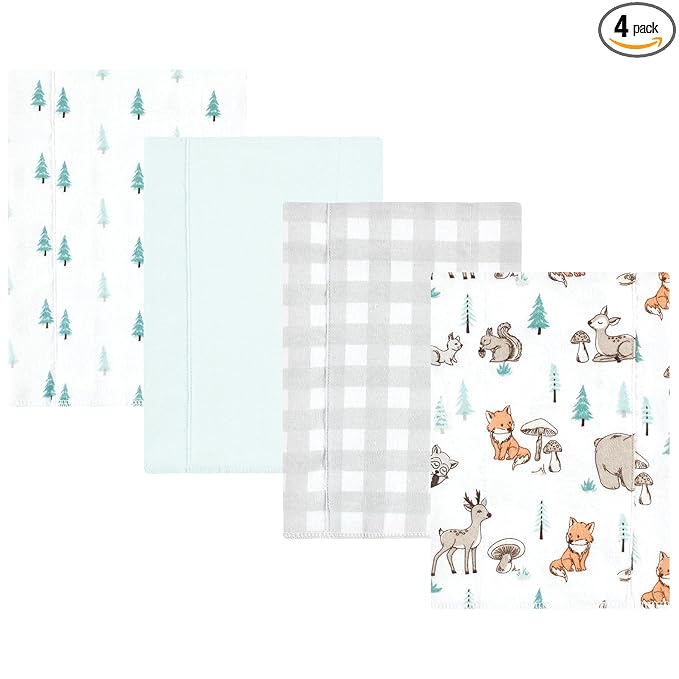 Hudson Baby Unisex Baby Cotton Flannel Burp Cloths, Neutral Woodland Pals 4-Pack, One Size