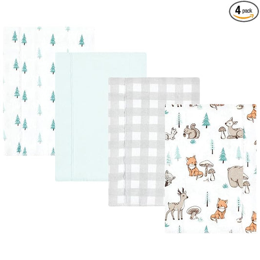 Hudson Baby Unisex Baby Cotton Flannel Burp Cloths, Neutral Woodland Pals 4-Pack, One Size