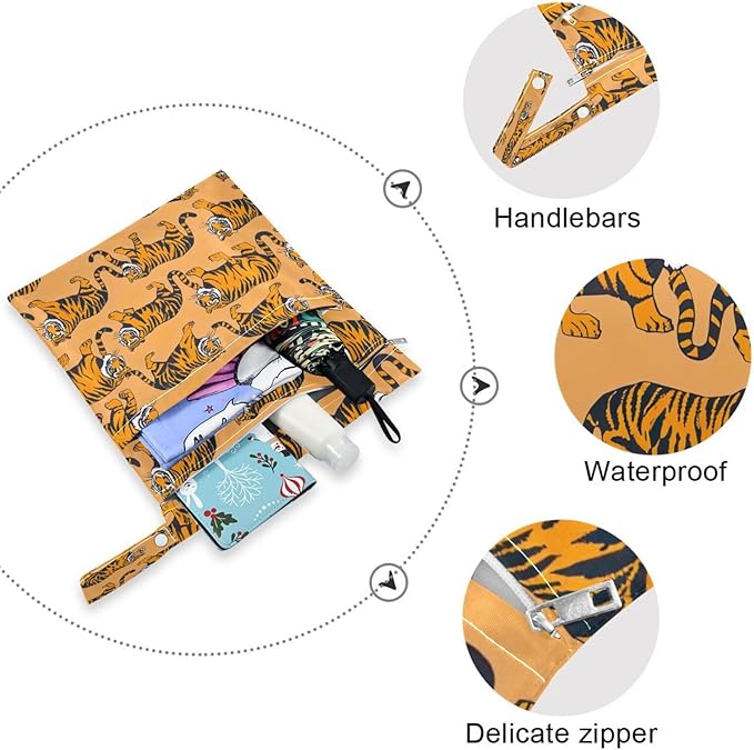 2 Pack Cute Tigers Cloth Diaper Wet Dry Bags,Waterproof Reusable Wet Bag with Two Zipper Pockets& Handle,Washable for Swimming,Travel,Beach,Pool or Wet Clothes