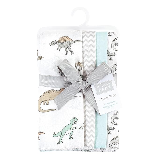 Hudson Baby Unisex Baby Cotton Flannel Burp Cloths 4-Pack, Neutral Dino World, One Size