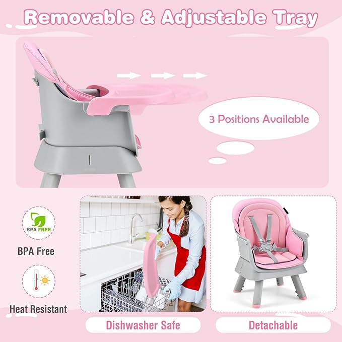 HOMGX Baby High Chair, 8-in-1 Convertible High Chair w/Removable Tray & Safety Harness, Infant Dining Booster Seat, Building Block Table & Chair Set, Highchair for Babies and Toddlers (Pink)