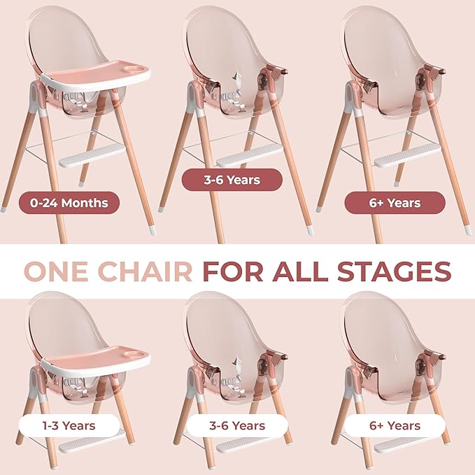 6 in 1 Deluxe Wooden High Chair for Babies & Toddlers, Modern Safe & Compact Baby Highchair, Easy to Clean & Assemble, Removable Tray, 6 Options 3 Seat Positions 2 Heights (Pink)