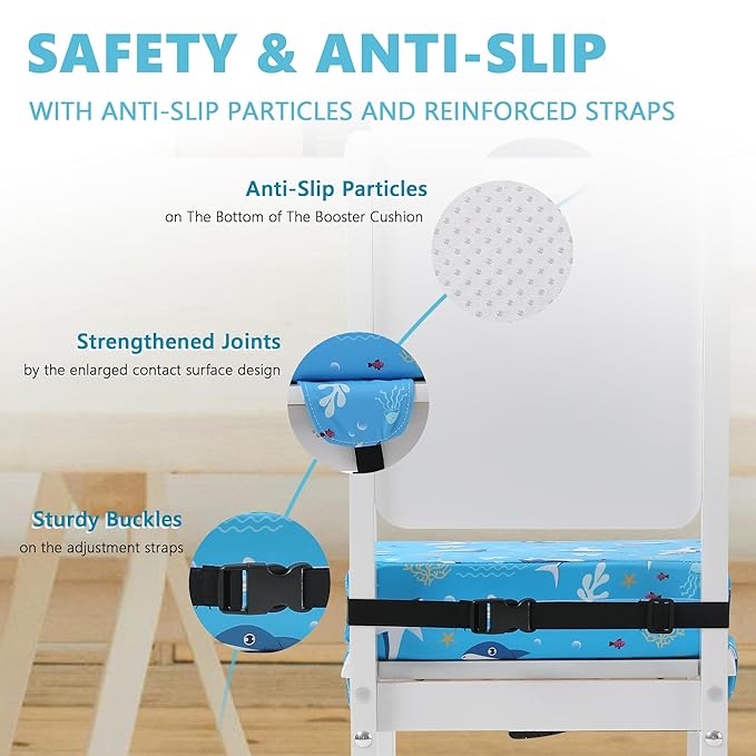 Booster Seat for Kitchen Chair, Toddler Booster Seats for Dining Table with Adjustable Straps Portable for Travel Camping Eating, Booster Cushion for Table for Baby Child Infant Kid Boy Girl