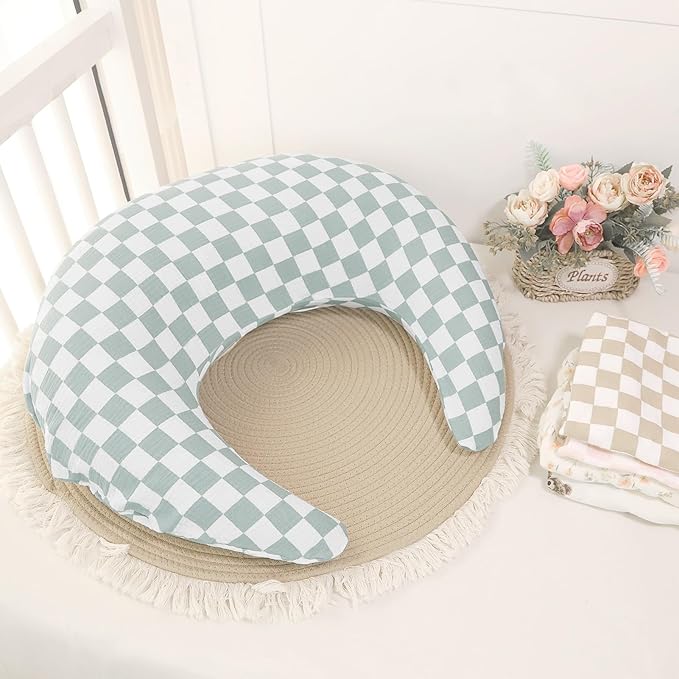 SWESEN Muslin Nursing Pillow Cover, Soft Removable Cover for Breastfeeding Pillows, Pillow Slipcover for Baby Boys and Girls, Comfortable & Breathable, Green Plaid, (Only Cover)