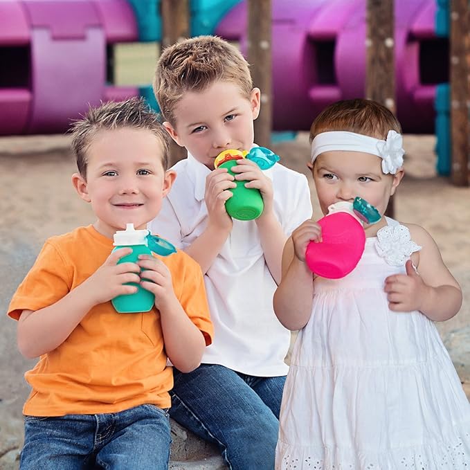 Squeasy Snacker Aqua 16 oz Spill Proof Silicone Reusable Food Pouch - For Both Soft Foods and Liquids - Water, Apple Sauce, Yogurt, Smoothies, Baby Food - Dishwasher Safe