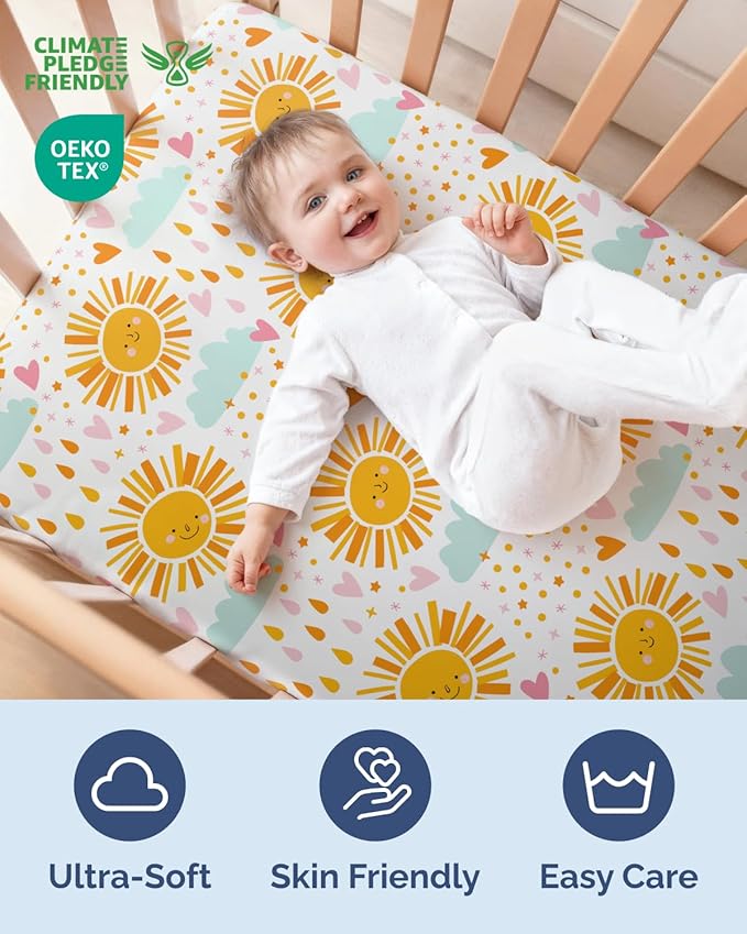 Baby Crib Sheets for Boys & Girls - Pack of 2 Fitted Microfiber Crib Sheets for Standard Crib & Toddler Mattress - Soft, Breathable & Wrinkle Free - Machine Washable, Oeko Tex - 52x28x8in - Sunny Drop