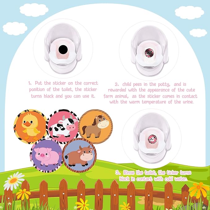 Funrous 20 Pcs Farm Animal Potty Training Stickers Dinosaur Truck Toddler Pee Training Toilet Color Changing Sticker Targets for Boys Girls Kids Toilet Reusable Pee Aim Target(Farm Animal)