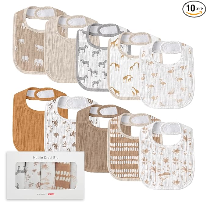 Muslin Baby Drool Bibs for Unisex Boys Girls, 10 Pack Soft Cotton Baby Bib for Teething Drooling, Essentials Shower Gift (10, Brown)