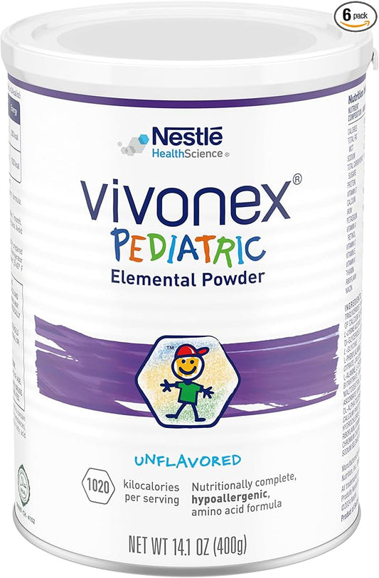 Vivonex Pediatric Elemental Powder, Hypoallergenic Formula for Children Ages 1-13,Tube Feeding or Oral Supplementation, Unflavored, 14.1 oz, Pack of 6