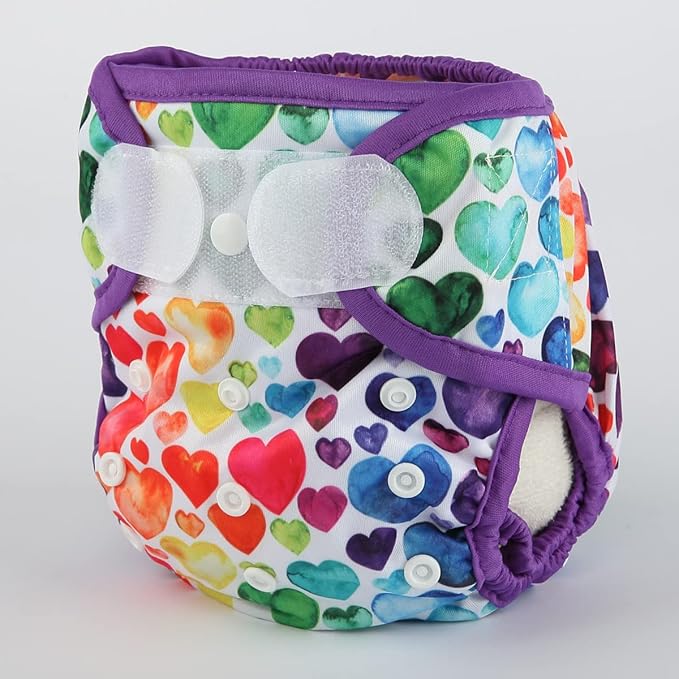 Baby Cloth Diaper Cover Nappy Hook and Loop Double Gusset 6.6lbs to 33lbs (Rainbow Hearts)