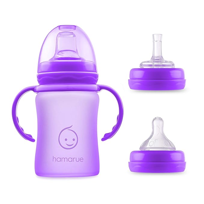 3-in-1 Glass Sippy Cups for Toddlers | Silicone Coated Glass Baby Bottles | Non-Toxic Transition Cup for Baby with Removeable Handles | Baby Straw Cup NB+,3M,6M,12M (Purple, 5 oz)