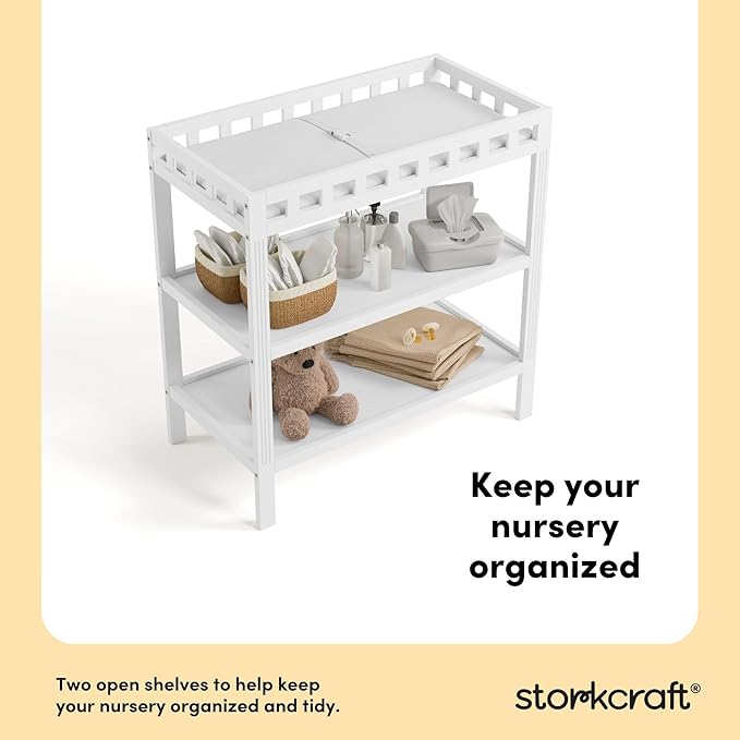Storkcraft Morningside Changing Table (White) – GREENGUARD Gold Certified Baby Changing Table, Includes Waterproof Diaper Changing Pad, Easy 30-Minute Assembly, 2 Open Shelves for Storage