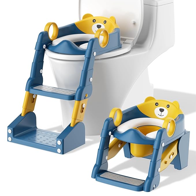 Potty Training Seat,Toddler Toilet Seat for Boys Girls,3-in-1 Potty Training Toilet and Chair with Step Stool Ladder,Anti-Slip Height Adjustable Foldable Splash Guard for Kids (Blue Yellow)