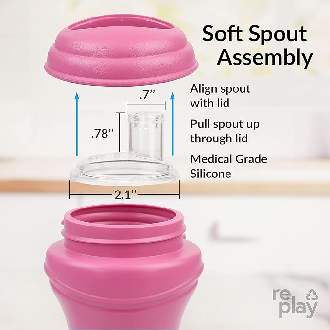 Re-Play Transition Sippy Cups for 1 Year-Old - Medical Grade Silicone Soft Spout & Travel Lid, Easy to Hold Hourglass Shape, Made in USA - 8 Oz. - Set of 2 - Ice Blue/Sage