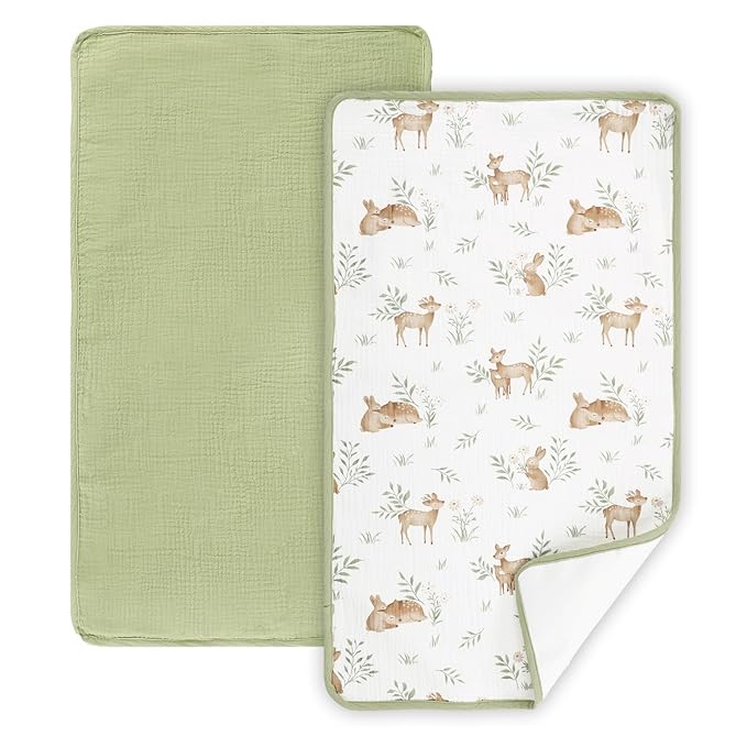 Waterproof Portable Changing Pad 2 Pack, Muslin Cotton Baby Changing Mat Comfortable & Breathable, Foldable Diaper Changing Pad for Travel, Machine Washable, Deer & Green