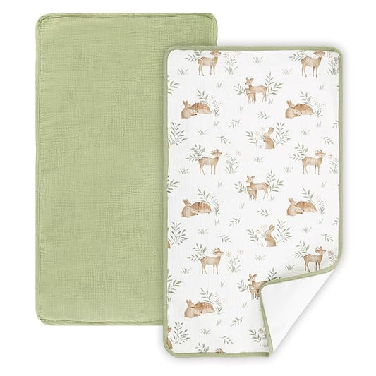 Waterproof Portable Changing Pad 2 Pack, Muslin Cotton Baby Changing Mat Comfortable & Breathable, Foldable Diaper Changing Pad for Travel, Machine Washable, Deer & Green