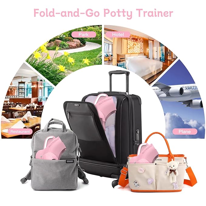 Foldable Travel Potty Seat for Toddler, Portable Toilet Training Seat for Kids on The Go, Fits Round & Oval Toilets with Non-Slip Base & Travel Bag for Car Airplane Essentials, Pink
