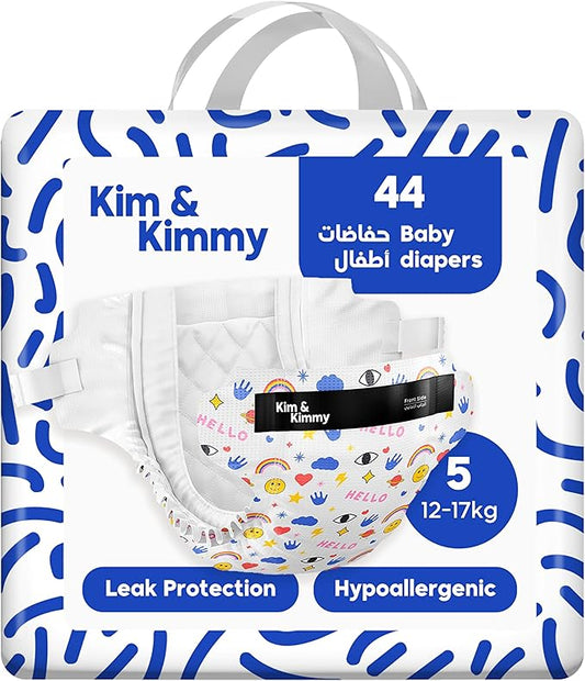 Kim & Kimmy Eco Diapers, Size 5, 26-38 lbs, 44 Diapers - 12 Hour Leak Protection, No Rashes, Hypoallergenic, Ultra-Soft & Highly Absorbent - Cruelty Free & Vegan - Funny Icons