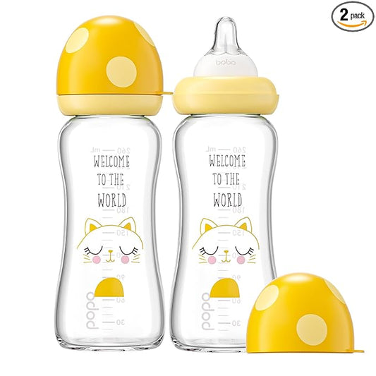 YOHKOH Natural Glass Baby Bottle with Level 2 Medium Flow Nipple, Newborn Anti-Colic Baby Bottles, Wide Neck Mushroom Baby Glass Bottle (8.8ounce (Pack of 2), Yellow1)
