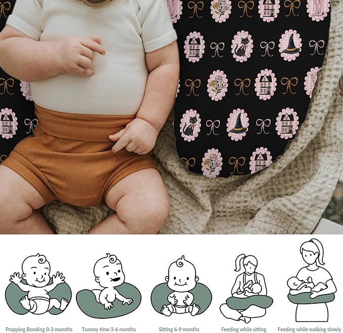 Cute Pink and Black Halloween Baby Nursing Pillow Covers for Girl Witch Cat Castle Floral Bows Nursery Pillowcase for Breastfeeding Pillows Spooky Halloween Soft Stretchy Removable Covers for Newborn