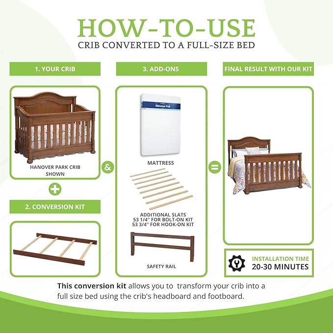 Full-Size Conversion Kit Bed Rails Compatible with Simmons Kids Convertible Cribs by Delta Children - Solid Wood - Toddler & Adult Bed Rail for Full-Size - Nursery Furniture (Chestnut, HOOK-ON KIT)