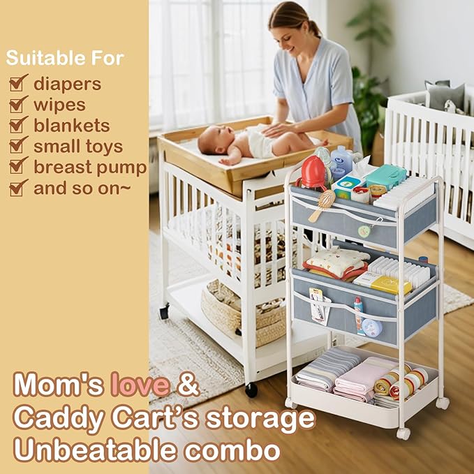 Baby Diaper Caddy, Premium Metal& Felt Movable Cart with Dividers for Newborn Nursery Essentials, Large Capacity Rolling Diaper Storage Caddy Organizer for Changing Table &Crib, Easy Assembly- Gray