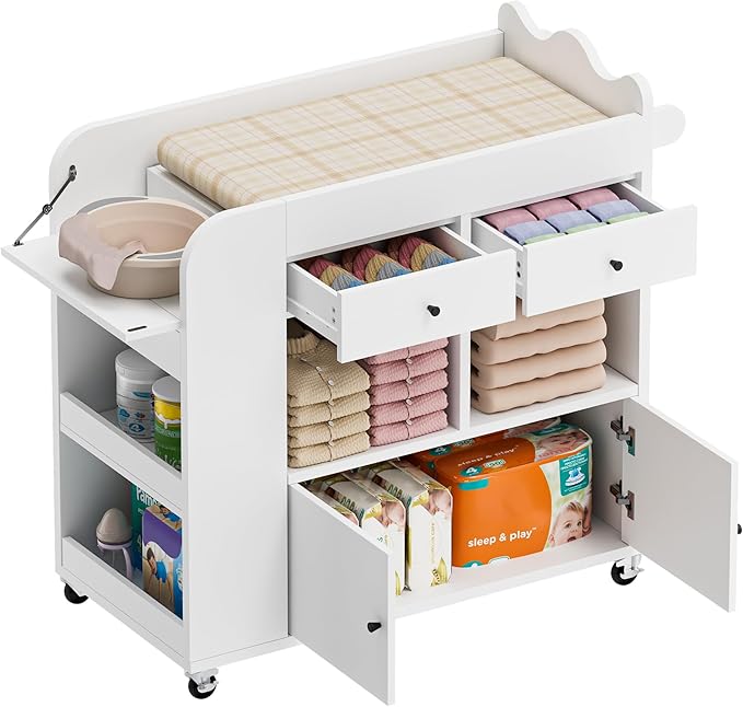 Baby Changing Table Top, 3 Drawers Nursery with 4 Open Cubbies, Rolling Chest with Wheels, 43" W x 19.5" D x 40" H