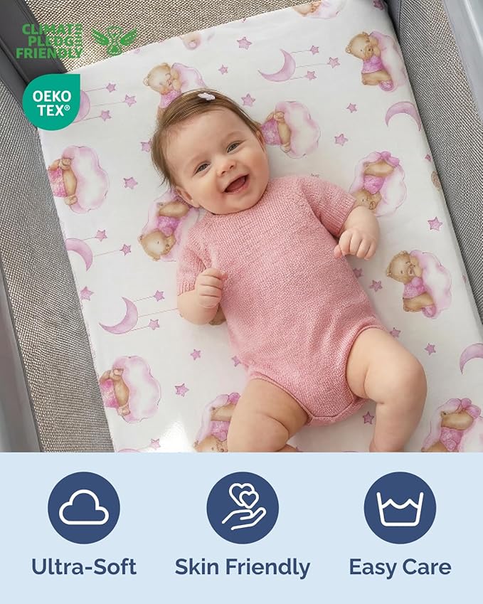 Pack and Play Sheets Fitted - 2 Pack Mini Crib Sheets for Pack N Play Mattress - Unisex Playard Microfiber Bedding for Boys & Girls - Soft, Breathable & Wrinkle Free - Oeko-Tex, 38 x 26in - Dream Bear