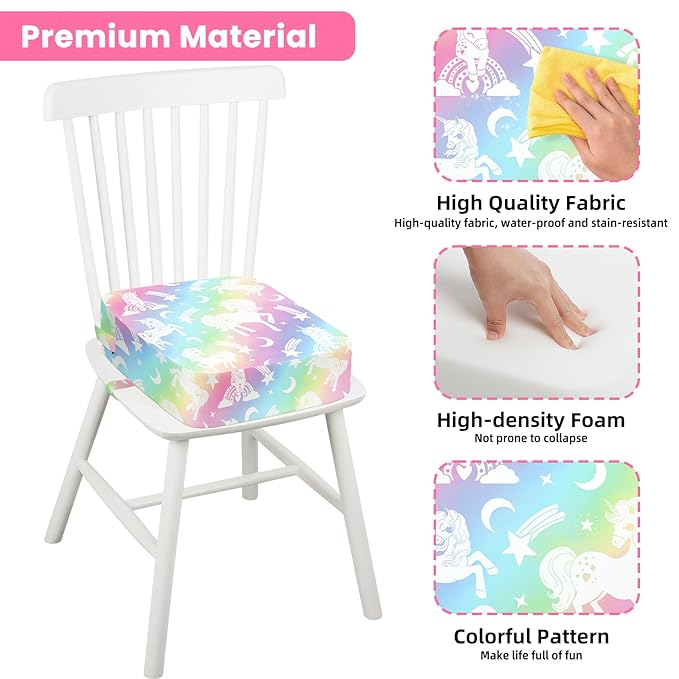 Toddler Booster Seat for Dining Table Kitchen Chair, Kids Booster Seat with Non-Slip Bottom and Adjustable Straps, 4" Detachable Washable Portable Travel Increasing Cushion (Rainbow Unicorn)