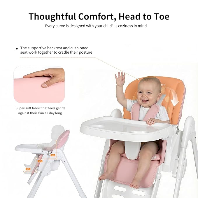 High Chair for Babies and Toddlers, Baby High Chair with Removable Tray, Adjustable Backrest, Footrest Height Settings, Space-Saving Design, Foldable, Pink