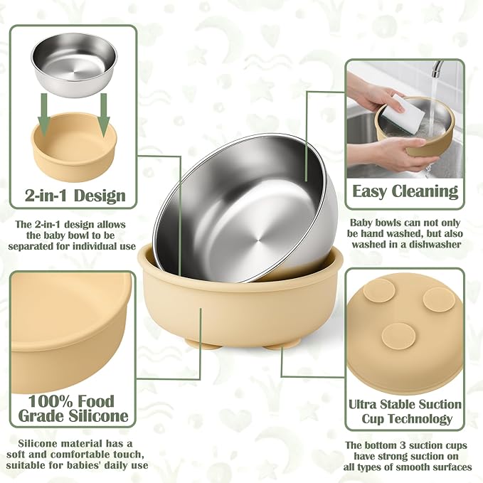 Mity rain 4-Pack Baby Bowls with Suction,Stainless Steel Toddler Bowl with Removable Silicone Shell, Non-Slip Unbreakable babies bowls with silicone suction & Kids Bowls for Baby Food Feeding