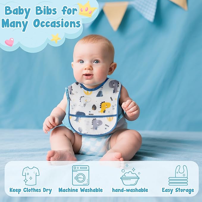 6Pcs Baby Feeding Bibs with Crumb Catcher Pocket Waterproof Sleeveless Teething Plastic Food Bib Set Adjustable Toddler Infant Keepsake Gift for Baby Shower, 6-24 Months