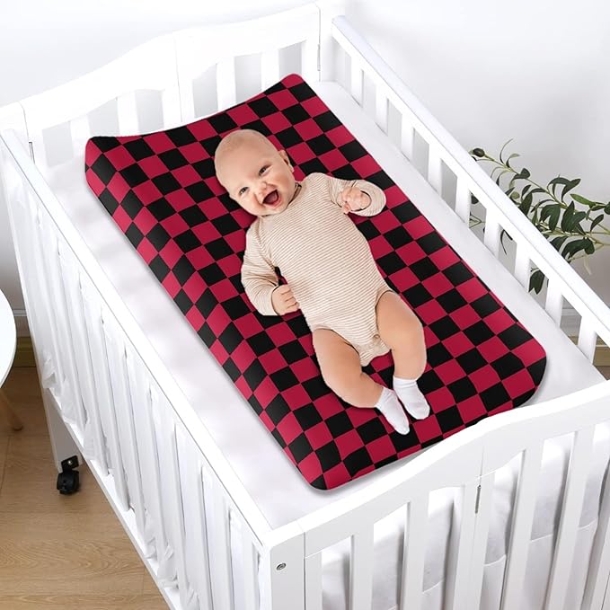 Black and Red Checkered Changing Pad Cover for Baby Girls Boys Cartoon Breathable Diaper Change Table Sheet Soft Stretchy Cute Change Table Mat Cover Fit 32x16