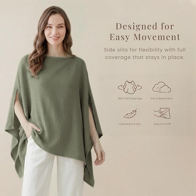 Konssy Muslin Nursing Cover for Breastfeeding, 360° Full Privacy Breathable 100% Cotton Breastfeeding Cover, Multi-use Carseat Canopy(Fog Green)