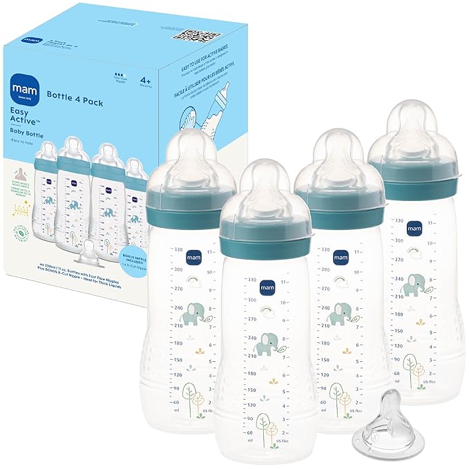 MAM Easy Active Baby Bottle 4 Pack, 11oz, BPA Free, Fast Flow Silicone Nipple, Anti-Slip Grip, Leak-Proof, 4+ Months, Blue Teal