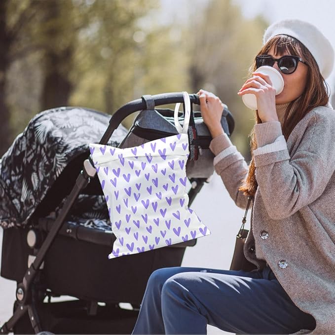 Waterproof Cloth Diaper Wet Dry Bag Reusable Travel Beach Pool Daycare Soiled Toddler Items Yoga Gym Bag for Swimsuits Wet Clothes Bags - Purple Heart Pattern