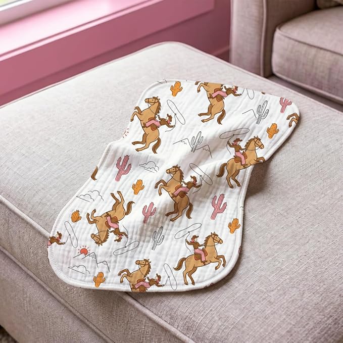 5 Pack Baby Burp Cloths, Soft Cotton Pink Cowgirl & Western Theme Burp Cloths, Super Absorbent Cute Cowboy Boot & Heart Print Washcloths, Newborn Baby Girl Essentials Gift Set