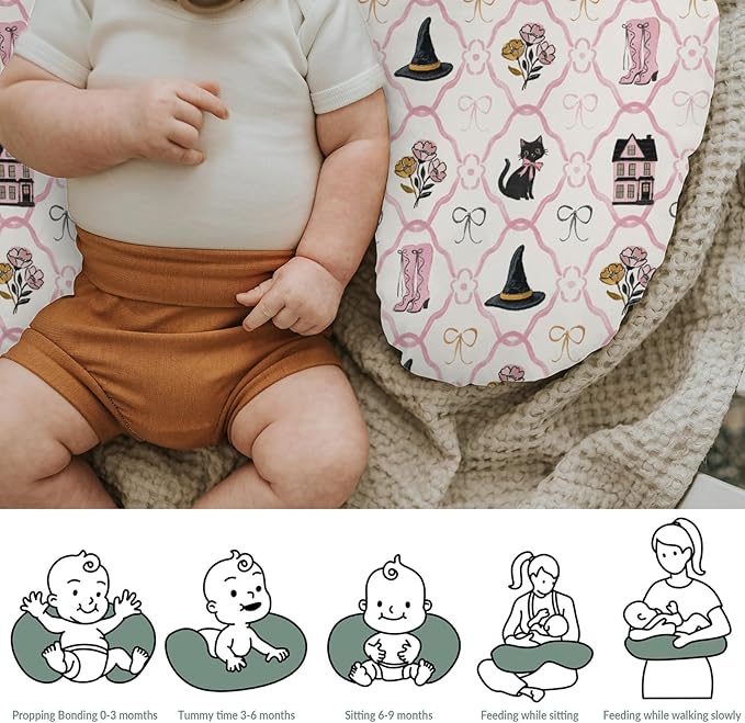 Cute Pink and Black Halloween Baby Nursing Pillow Covers for Girl Witch Cat Castle Floral Bows Slipcovers for Breastfeeding Pillows Spooky Halloween Soft Stretchy Removable Covers for Newborn Infant