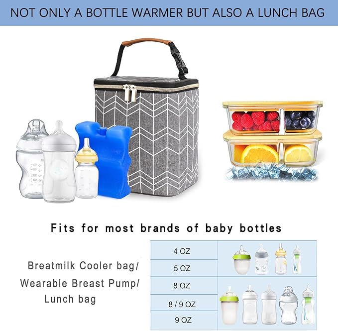 Breast Milk Cooler Bag with Ice Pack Fits 4 Baby Bottles Up to 9 Ounce, Baby Bottle Bag Great for Nursing Mom Daycare, Grey