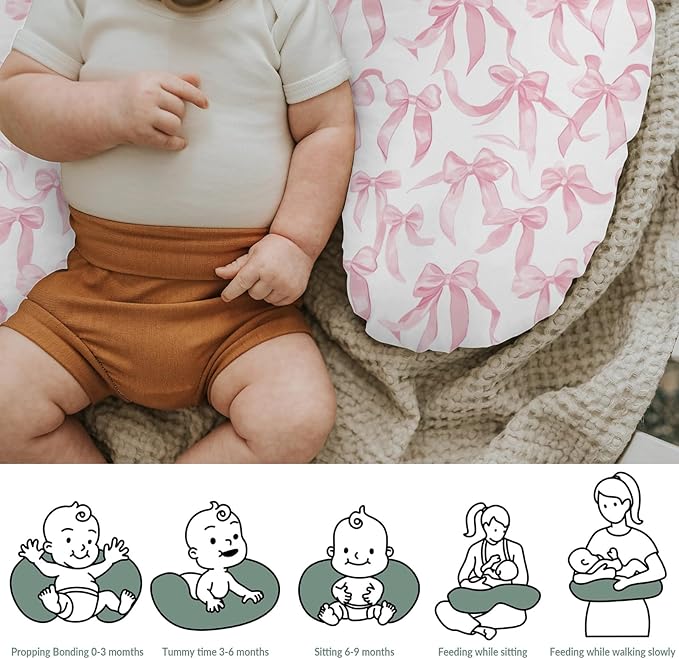 Pink Valentine's Bows Baby Nursing Pillow Covers for Girl Girly Bows Nursing Slipcovers for Breastfeeding Pillows Baby's First Valentine's Day Soft Stretchy Removable Covers for Newborn Infant
