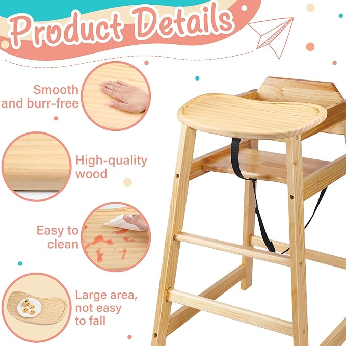 Wonderjune Baby Wooden High Chair Tray, Antique Vintage Toddler Infant Seat Tray Replacement Universal Wooden High Chair Accessory for Kitchen Toddlers and Babies Home Finger Foods Placemat
