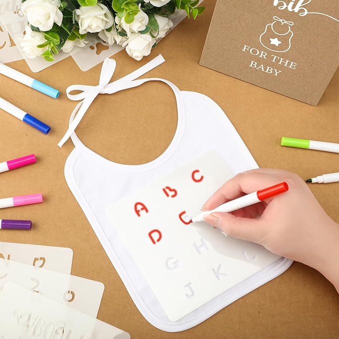 Panitay 100 Pcs DIY Baby Bibs Decorating Kit 50 White Bibs 25 Stencils 24 Markers 1 Baby Shower Game Sign