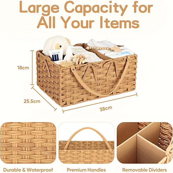 Diaper Caddy Organizer, Hand Rattan Nursery Storage Basket for Baby Essentials, Baby Changing Table Organizer Perfect Nursery Assistant, Easy Assemble (Natural, M)