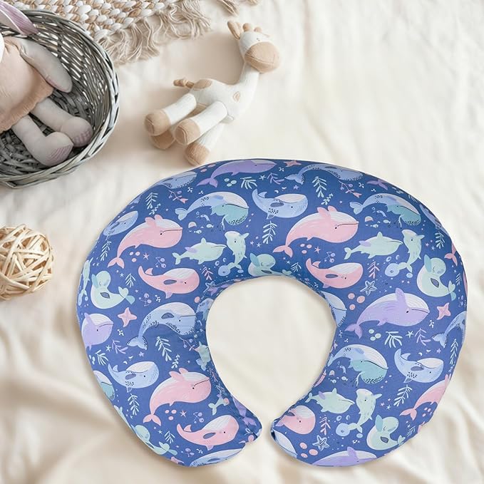 Nursing Pillow Cover, Compatible with Boppy Nursing Pillow Original Size, Breastfeeding Pillow Slipcover for Baby Boys & Girls, Organic Cotton, Machine Washable & Breathable, Blue Whale