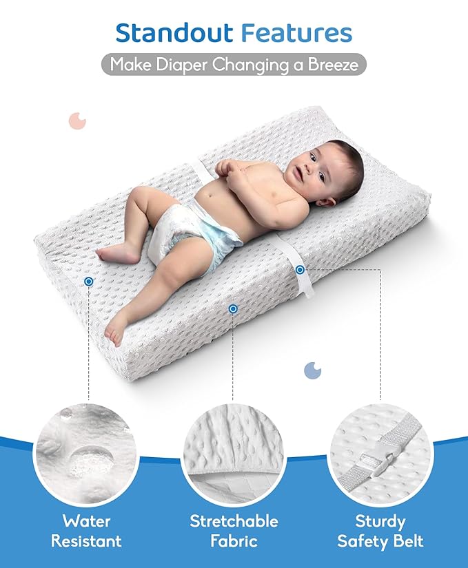 LOONAH Compact Small Changing Pad with Cover - 27" X 16" Contoured Baby Diaper Changing Pad for Combo Crib with Changing Table-Waterproof & Hypoallergenic, Safety Strap with Quick-Release Buckle-White