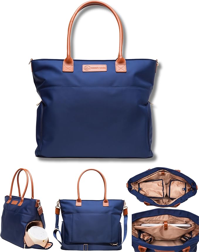 Sarah Wells Abby Breast Pump Tote with Real Leather Straps – Stylish Pumping Bag with Insulated Pockets, Laptop Storage & Easy-Clean Interior – Professional Breast Pump Bag for Work & Travel (Navy)