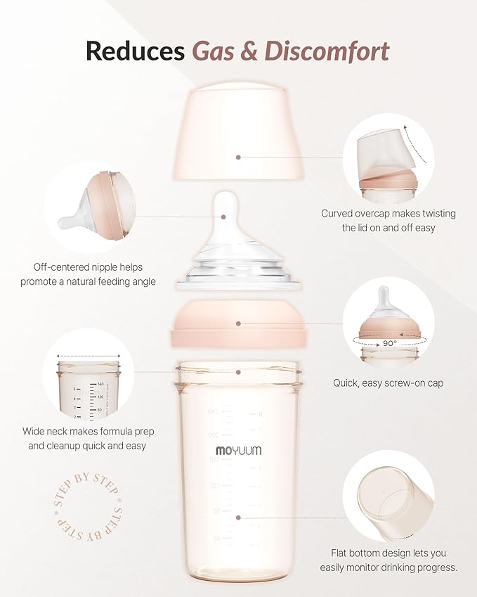 Moyuum MOV.aa Premium PPSU Wide Neck Anti-Colic Baby Bottle | Made in Korea, Microplastic & BPA-Free, Breastfeed Transition, Natural Fit Nipples for Newborns & All Stages - 8 oz (2 Pack, Beige)