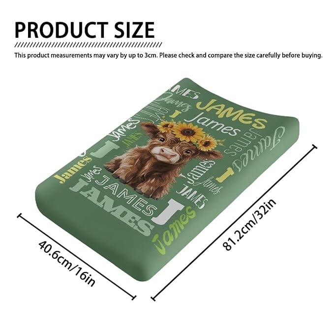 Personalized Highland Cow Changing Pad Covers with Name Sunflower Fitted Diaper Changing Table Cover Set Soft Changing Pad Sheets for Standard Changing Pad 16" x 32"